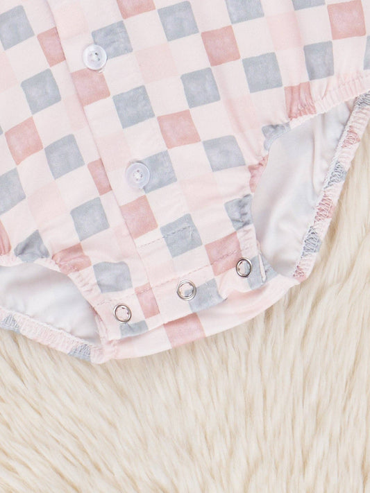 Retro Pastel Plaid Button-Up Bubble Romper