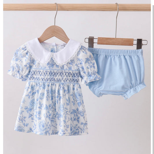 Blue Rose Smocked Bloomer Set